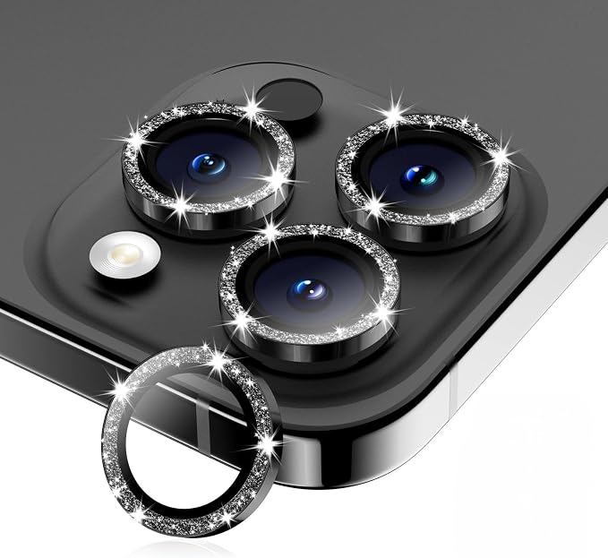 Camera Lens Protector for iPhone 15 Pro Max/15 Pro- Glitter Black | 9H Tempered Glass, Metal Individual Camera Cover, Accessories, Anti-drop, Case Friendly, HD Clear, Anti-Scratch by WumigooProducts