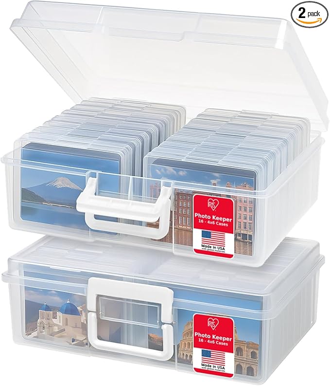 IRIS USA Photo Storage Box |Made in USA| 16 Cases - (2-Pack) - Clear | Fits 4" x 6" Pictures / Built-In Handle / Organizing Containers for Tasks, Stickers, Ephemera & Flashcards by IRISUSA