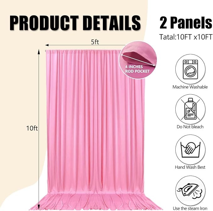 10ft x 10ft Pink Backdrop Curtains for Parties, Polyester Fabric Backdrop Drapes with Rod Pockets for Weddings, Birthday, Photography, Mother's Day, Graduation Party Background Curtain, 2 Panels - Image 2