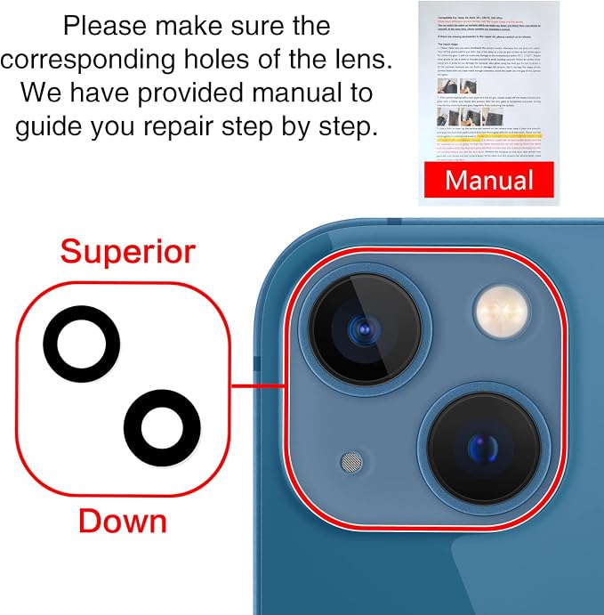 ASDAWN Back Rear Camera Lens Glass Replacement for iPhone 13 6.1 inch and 13 Mini 5.4 inch with Pre-Installed Adhesive, Back Lens Glass with Installation Manual + Repair Tool Set - Image 6