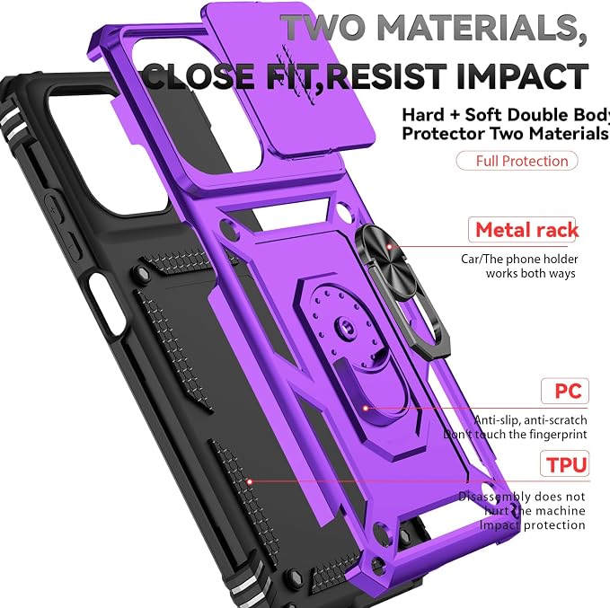 for Motorola Moto G 2025 / Moto G 2026 / Moto G Play 2026 Case, with Slide Camera Cover HD Screen Protector [Military Grade 16ft. Drop Tested] Ring Holder Kickstand Protective Phone Case, Purple - Image 8
