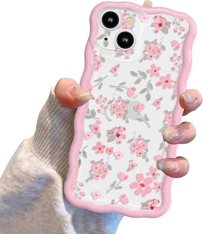 QLTYPRI for iPhone 13 Pink Flower Case, Clear Cute Pink Floral Flower Phone Case Curly Wavy Aesthetic Phone Cover, Soft Slim Transparent TPU Shockproof Protective Cover for Women Girls - Pink - Image 7