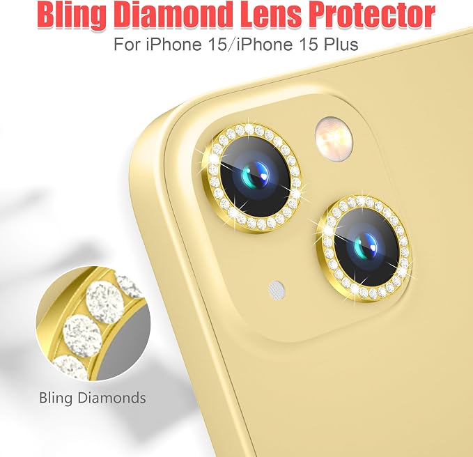 AGVEE 3+3 6 Pack for iPhone 15/15 Plus Camera Lens Protector Cover | Individual Bling Diamond & Bling Glitter Sparkle Cute Gem Metal Ring, 9H Tempered HD Glass - Image 4