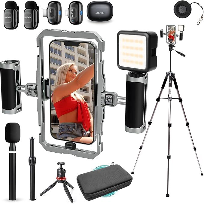Movo iFilmer-PRO Smartphone Video Rig Kit | Stabilizer Cage with Dual Grips, Wireless Lavalier Microphones, Full Sized Tripod, iPhone/Android by Movo