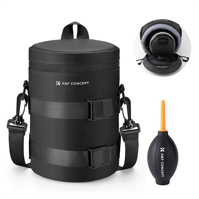 K&F CONCEPT Camera Lens Case, Protective Pouch for Lens with Air Blower | For Lens Below 3.7" x 7" (D x H), 3 Carry Ways, Waterproof Zipper, Shockproof, 10mm Padding, for Canon, Nikon Sony Olympus by KFCONCEPT