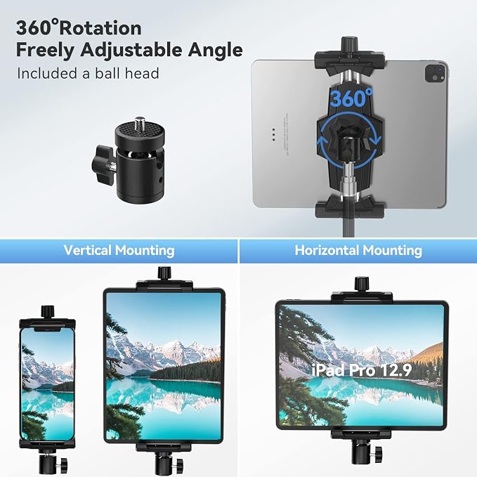 KDD iPad and Phone Tripod Mount Adapter with Ball Head, iPad Holder for Tripod, 360 Rotatable Tablet Clamp Mount fits iPad Pro 12.9, Air Mini 3 4, Galaxy Tab, Surface Pro, Selfie Stick(5.3-10.6") - Image 3