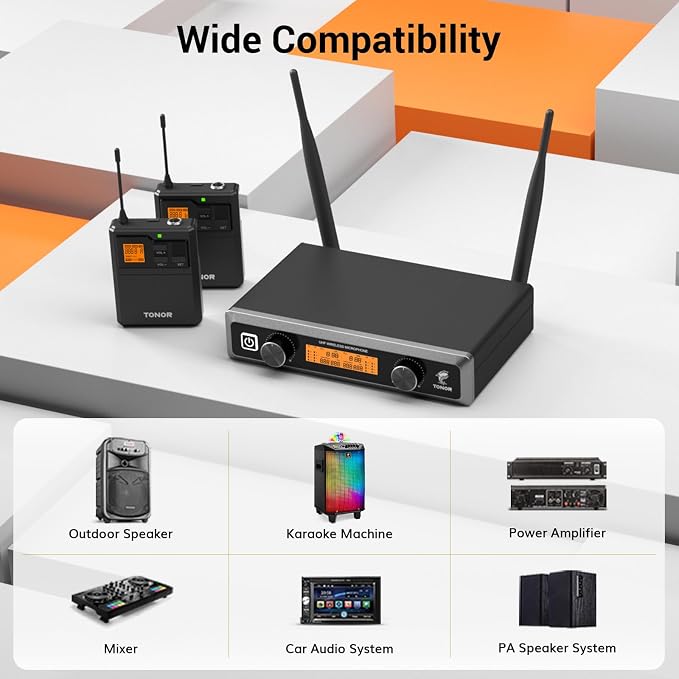 TONOR UHF Wireless Microphones System with Headset/Lavalier Lapel Mics, Bodypack Transmitter, Receiver, 2 * 15 Channels, 60 m/200ft Range for Live Singing Karaoke Church Party DJ, 2 Bodypack Mics - Image 6