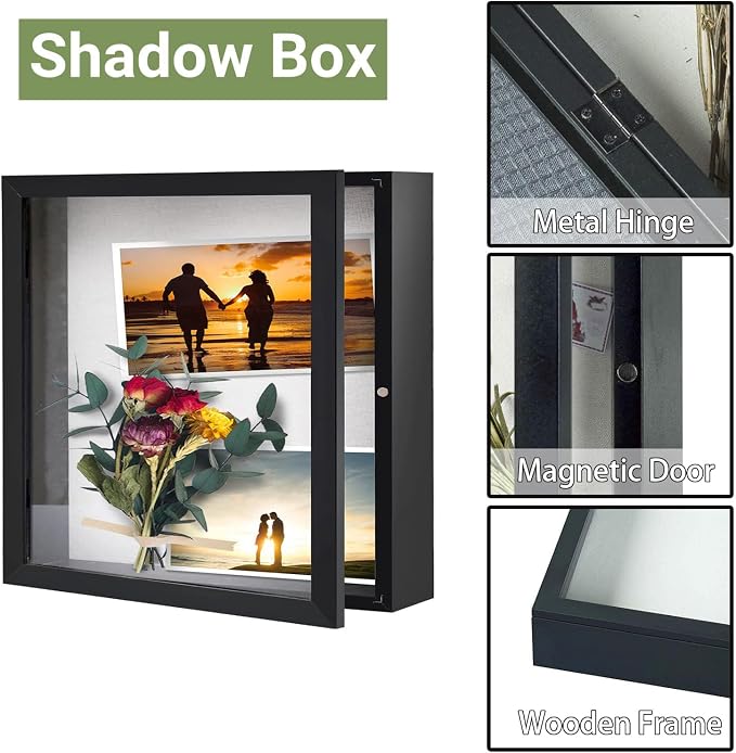 Muzilife 11x11 Shadow Box Wood Picture Frame, 2.16 Deep, Real Glass, Black | FSC-Wood, Magnetic Door, Linen Interior & Pins, Vertical, Horizontal Wall Hanging, Display Case Frame for Photos & Keepsakes - Image 4