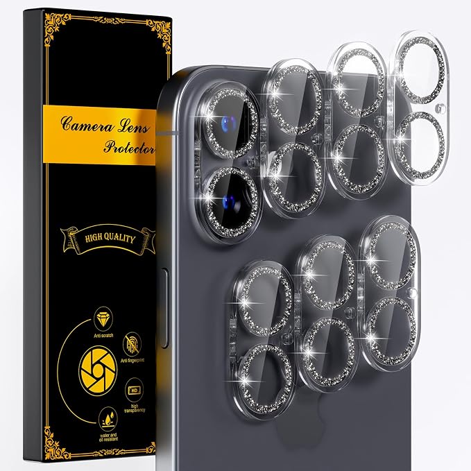 for 6 Pack iPhone 16 / iPhone 16 Plus Camera Lens Protectors, Glitter Black | [Drop Protection] [Case Friendly] [Easy Installation] 9H Tempered Glass Camera Screen Protector Cover Accessories by Beuxece