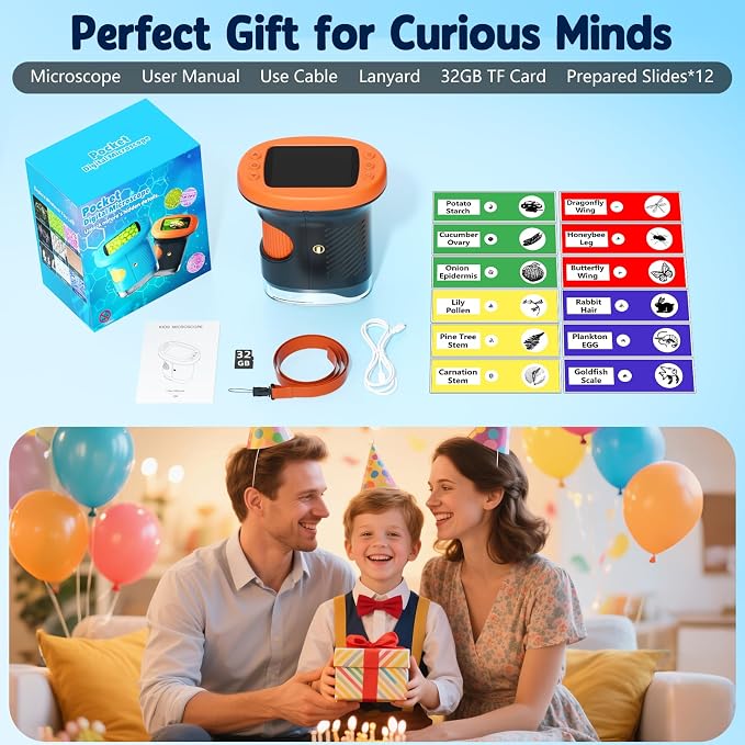 Odatay 2.4" 4K 1000X Digital Kids Microscope with 32G Card 12 Slides Orange | Long distance viewing, portable handheld edu gift toys for age 3-12, exploring bugs plants at home classroom & outdoor travel - Image 9