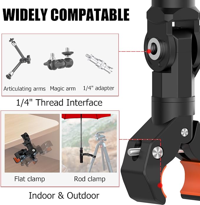Double Clamp Camera Mount Bracket Magic Arm with 1/4" Screw Interface | Double Super Umbrella Clamp for Chair, Strollers, Photo Studio Light Stand, Motorcycle, Poles, Photography Reflector, Flag - Image 3