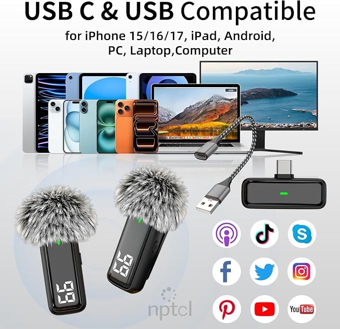 NPTCL Wireless USB Type C Microphone for iPhone 17/15/16 PC Laptop Computer | Noise Canceling, LED Digital Charge Display, 1100mAh Charging Case, Lavalier Mics for Content Creator Vlog Video Recording - Image 5