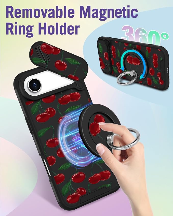 Buleens for iPhone 17 Air Case 6.5 Inch - with Ring Stand & Camera Cover Aesthetic Cute Designed for Women Girls Girly Pretty Kawaii Cherry Phone Case for iPhone 17 Air Compatible with Magsafe - Image 5