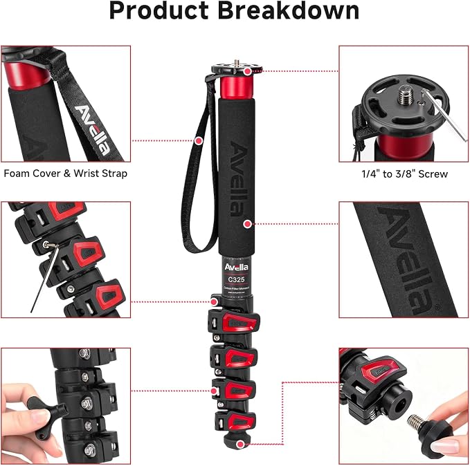 Avella C325 Carbon Fiber Camera Monopod, 58 Inch - Image 2