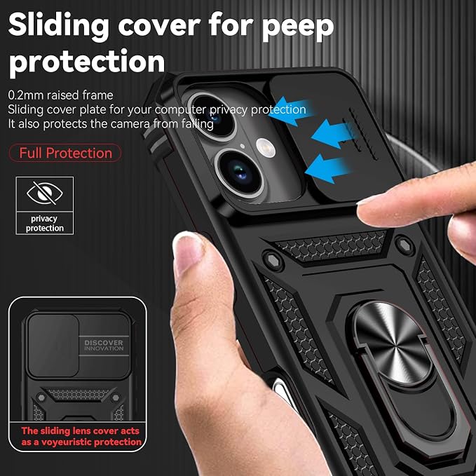 SunStory Compatible with iPhone 17 Case with HD Screen Protector & Slide Camera Cover & Rotated Ring Kickstand, [Military-Grade] iPhone Case for iPhone 17,Black - Image 3
