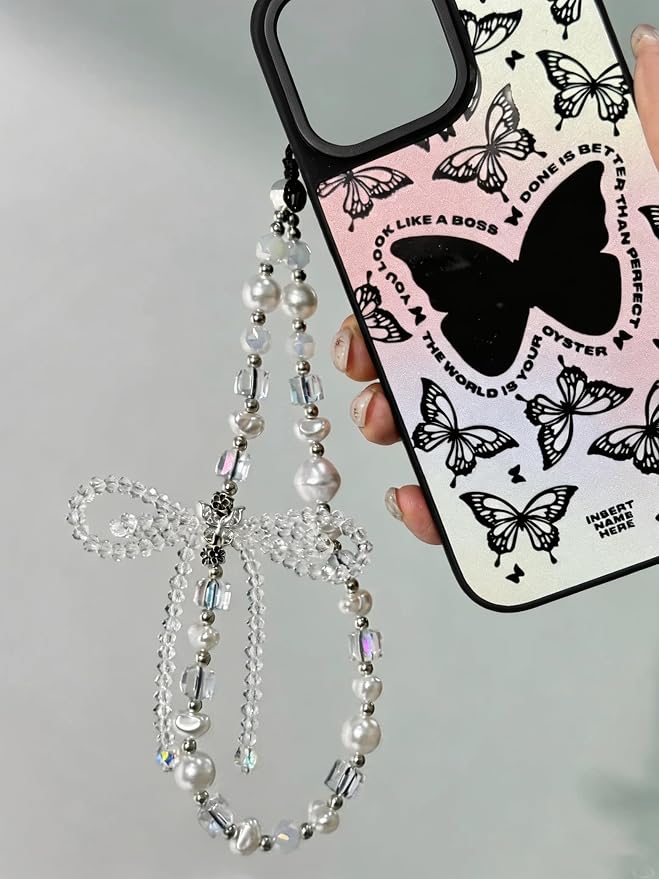 Cell Phone Charm Pearl Beaded Phone Wrist Strap Elegant Aesthetic Handmade Anti-Lost Pearl Chain Bracelet for iPhone Samsung All Smartphones Wristlet Gift for Women Girls Clear Crystal Double Bow Faux - Image 8