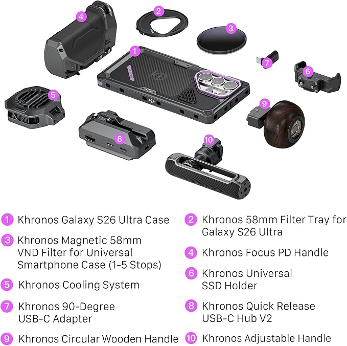Tilta Khronos Ultimate Kit Compatible with Galaxy S26 Ultra | Smartphone Cage with Focus PD Handle | Cooling System V2 | USB-C Hub | ARCA Plate | 58mm ND Filter | Circular Wooden Handle | Space Gray - Image 9