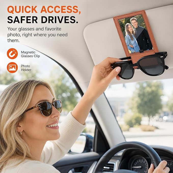2-in-1 Car Visor Sunglasses & Photo Holder, Magnetic PU Leather Glasses Clip with Picture Display Slot, Universal Sun Visor Organizer for Eyeglasses, Personalized Cards & Memories, Brown Tan - Image 2