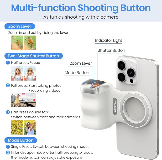 Magnetic Phone Camera Grip,Shooting Holder Selfie Handle Snap(White) | Wireless Shutter for iPhone 17 16 15 14 Android Cellphone Vlog Photography - Image 3