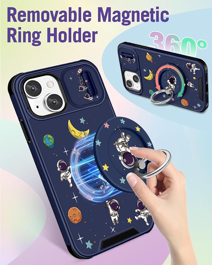 Buleens for iPhone 13 Case 6.1 Inch - with Ring Stand & Camera Cover Aesthetic Cute Designed for Women Girls Cartoon Astronaut for Phone Case for iPhone 13 Compatible with Magsafe - Image 5