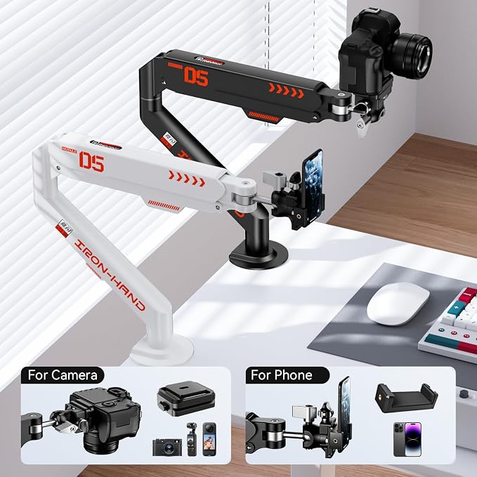 JINRAIKO Overhead Camera Mount with 360° Adjustable Arm & Phone Holder for TikTok Live Streaming Photography Studio Content Creation, Desk Mount for for DSLR Camera/Webcam/Microphone, White - Image 8