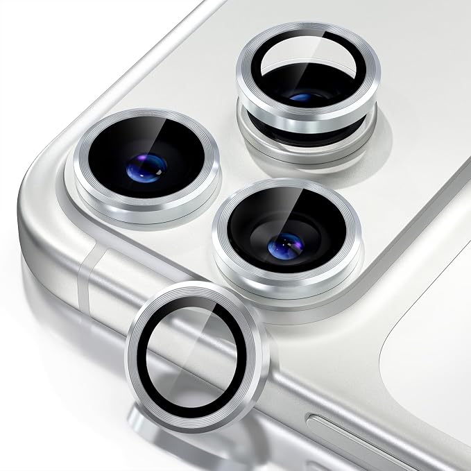 Misea Compatible for iPhone 17 Pro/iPhone 17 Pro Max Camera Lens Protector | 9H Tempered Glass Ultra HD Bling Camera Screen Protector Cover Metal Individual Ring Decoration Accessories, Silver by Misea