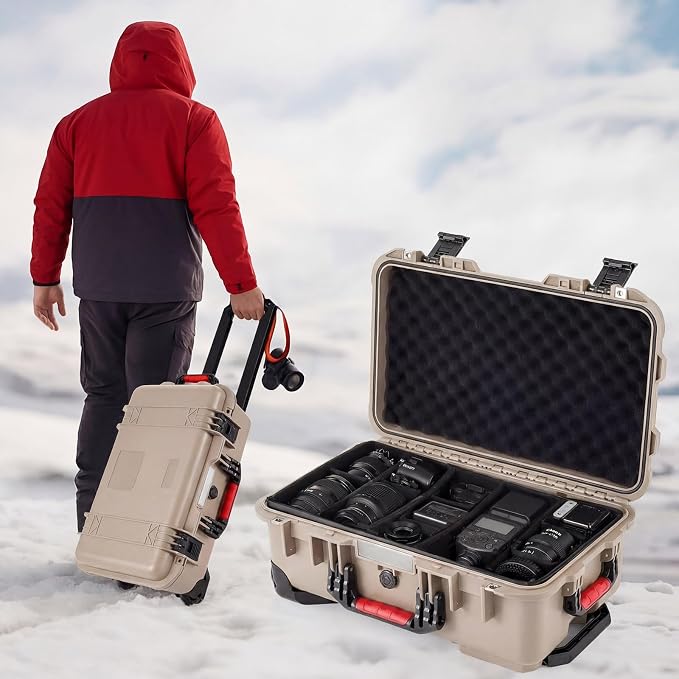 Relaxweex Rolling Camera Hard Case with Padded Dividers & Wheels, Impact-resistant Hard Shell Travel Case for Cameras, Lenses & Accessories(22 x 14 x 9 Inch,Sand Color) - Image 6