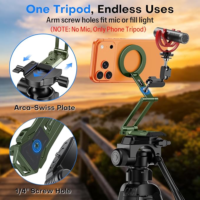 OMOTON TP06-E [3-Adjust] Sturdy Magnetic Phone Tripod for iPhone 17 Pro Max | Aluminium Phone Stand for MagSafe with Hook 1/4" Screw& Arca, Travel Essentials Gift for Vlog, Creators, Live, Green - Image 2