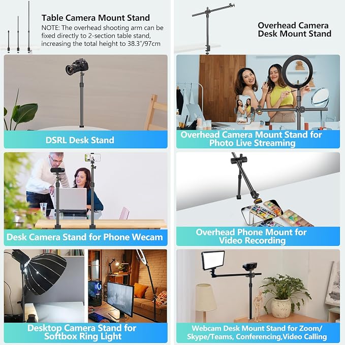 Camera Desk Mount Webcam Stand with Overhead Articulating Magic Boom Arm 1/4" Ball Head for DSLR Tripod, Adjustable Light Stand, Tabletop C Clamp for Ring Light Photo Video Shooting Live Streaming - Image 2