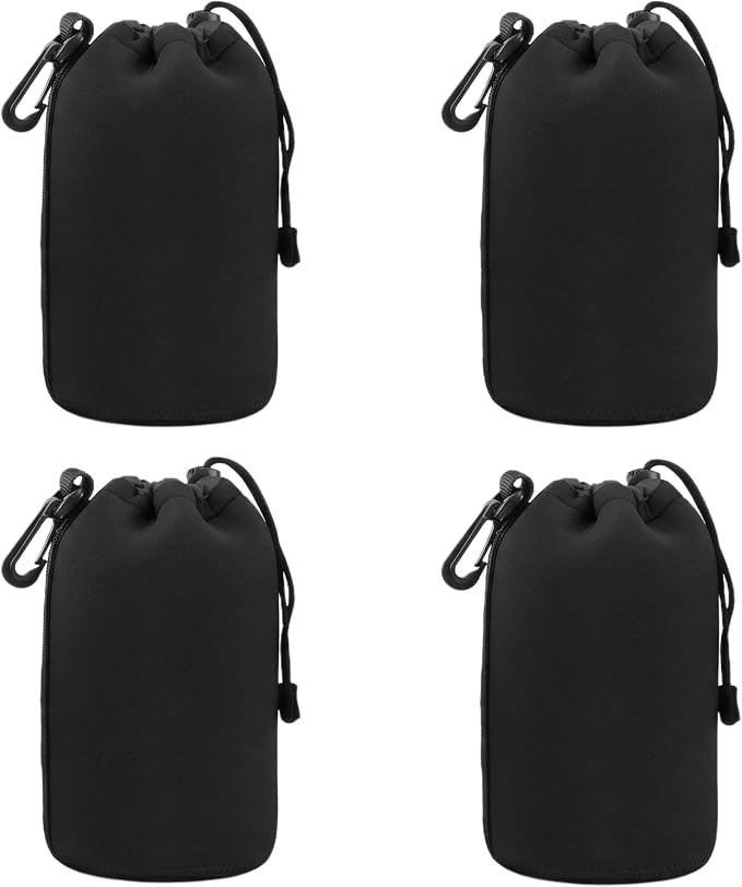 Camera Lens Bag, 4 Pack Protective Neoprene Lens Pouch with Drawstring & Carabiner, Lens Case for DSLR Camera Lens(S/M/L/XL) (L 4pcs) by Unknown