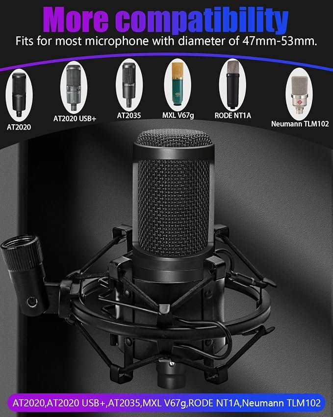 Universal Microphone Shock Mount, Mic Clip Holder for Diameter 47mm-53mm Mic Anti Vibration Adjustable High Isolation Shock Mount - Image 2
