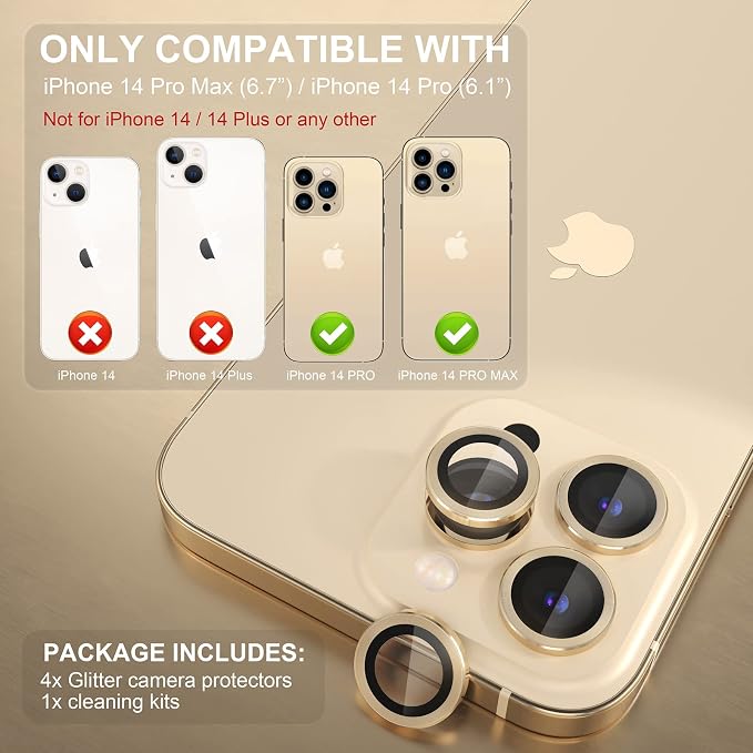 Choiche for iPhone 14 Pro/iPhone 14 Pro Max Camera Lens Protector | Ultra HD, 9H Tempered Glass Camera Cover Screen Protector Metal Ring Decoration Accessories (Gold) - Image 2