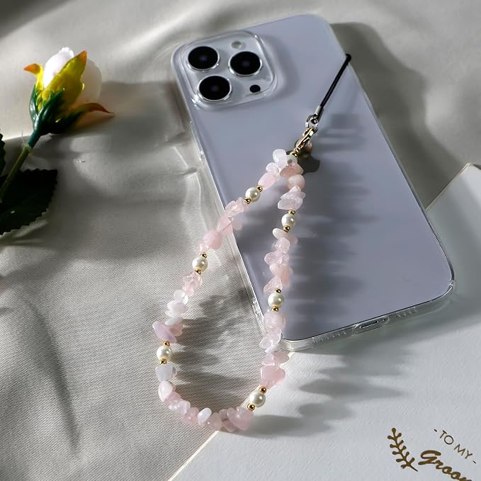 Natural Gemstone Phone Charms Wrist Strap - Cell Phone Lanyard Beaded Strap for Women Girls (Pink) - Image 2