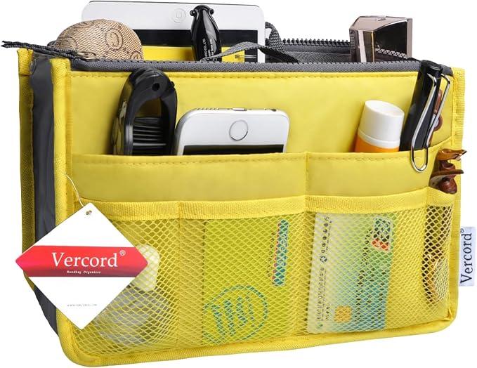 Vercord Purse Organizer Insert for Handbags Bag Organizers Inside Tote Pocketbook Women Nurse Nylon 13 Pockets Yellow Medium - Image 2