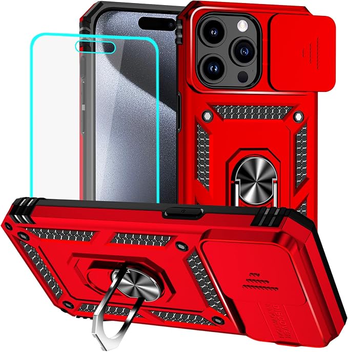 HNHYGETE for iPhone 15 Pro Case with HD Screen Protector: [Military Grade 20ft. Drop Tested] Ring Shockproof Protective Phone Case for - iPhone 15 Pro (Red) by HNHYGETE