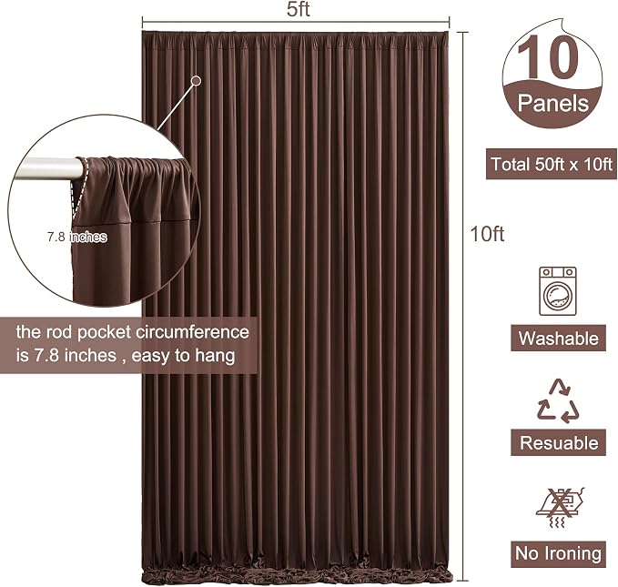 10 Panels Brown Backdrop Curtain for Parties Wedding Wrinkle Free Brown Photo Curtains Backdrop Drapes Fabric Decoration for Birthday Party Baby Shower 50ft(W) x 10ft(H) - Image 5