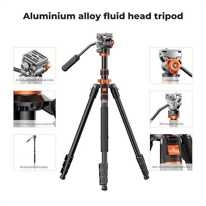 K&F CONCEPT 83" Camera Video Tripod for DSLR | Compact Aluminum, 360° Panorama Fluid Head, Travel, Video, Live Streaming, Vlogging, Payload 11lb, O234A7+FH-03 - Image 4