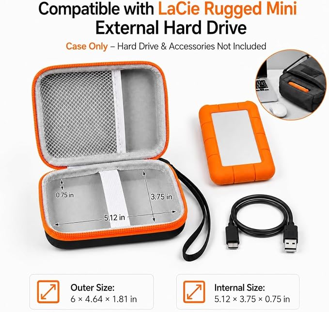ALKOO Case for LaCie Rugged Mini 1TB/2TB/4TB/5TB External Hard Drive | Portable HDD Holder, Cable Pocket, SD Card Storage, for Photographers, Creators, Students, Office, Travel, Case Only, Orange - Image 2