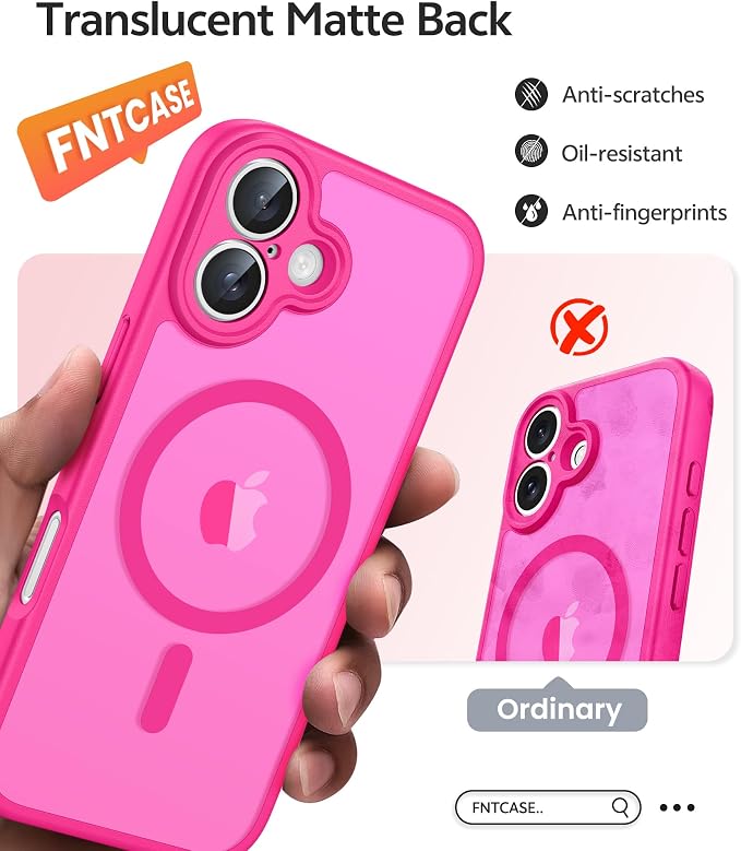 FNTCASE for iPhone 17 Case, Compatible with Magsafe, Glass Screen Protector | Full Camera Protection, Translucent Matte, 14FT Military Grade Drop Proof, Shockproof Protective Phone Cover, Hot Pink - Image 6