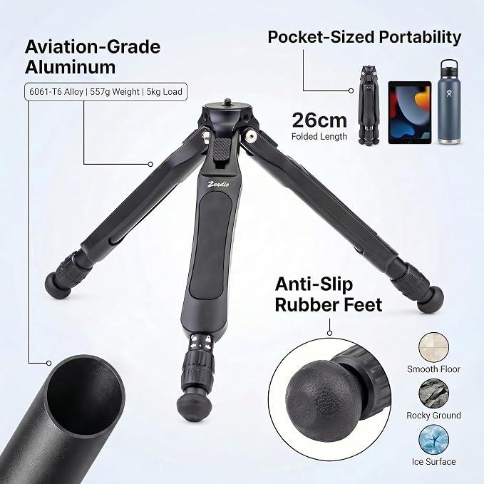 Zeadio Adjustable Camera Tripod, Portable Aluminum Tabletop Travel Tripod, 3-Stage Height Adjustable, 5kg Load Capacity, with 1/4" Mount for DSLR, Gimbal, Smartphone, Action Camera etc - Image 3