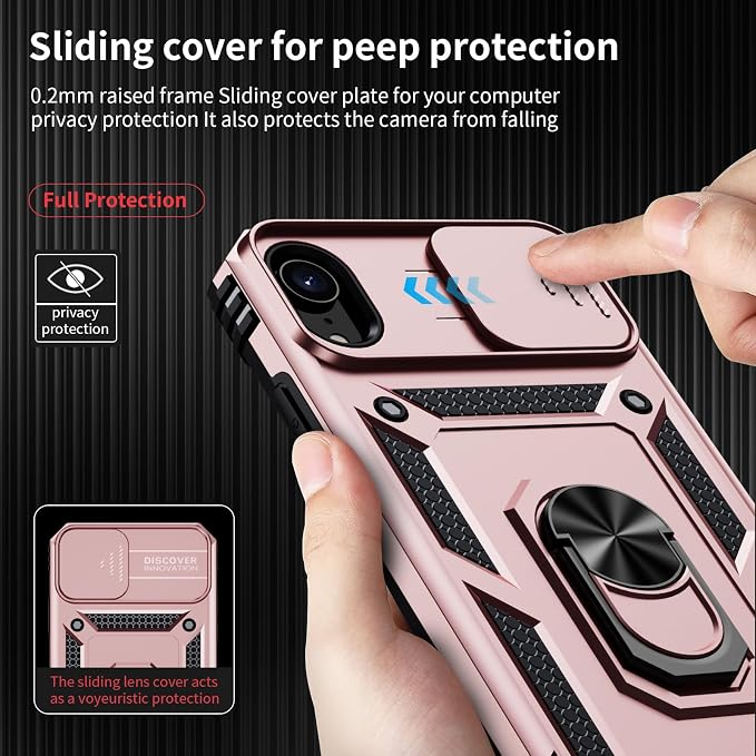 for iPhone XR Case with Camera Lens Cover, HD Screen Protector, 10 FT Military Grade Drop Protection, Magnetic Ring Holder Kickstand Protective Phone Case, Rose Gold - Image 3