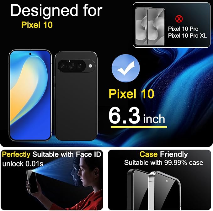 Ferilinso Privacy Screen Protector for Google Pixel 10, Tempered Glass | 3 Pack, 9H+ Hardness, Military-Grade Shatterproof, Anti-Scratch, HD Clear, Case Friendly, Easy Installation, Bubble Free - Image 2