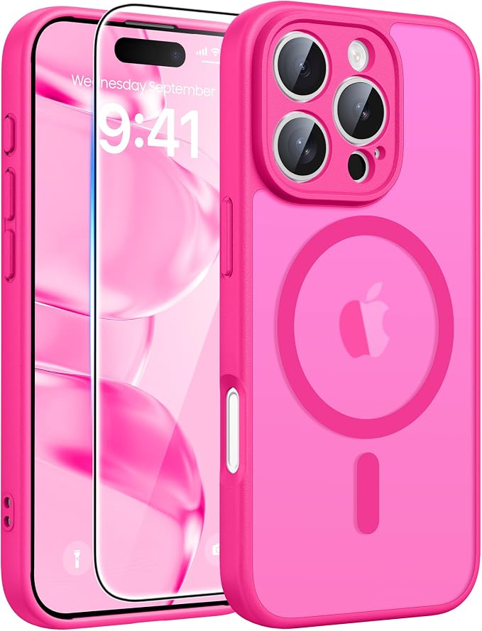 FNTCASE for iPhone 16 Pro Case, Fit for Magsafe, with Screen Protector | Full Camera Protection, Translucent Matte, 14FT Military Grade Drop Proof, Shockproof Protective Phone Cover, Hot Pink by FNTCASE