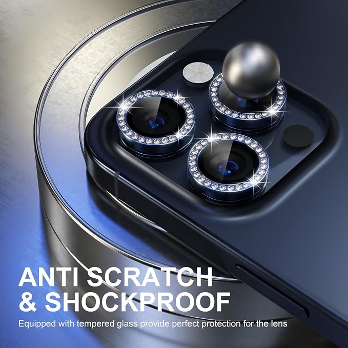 Choiche for iPhone 15 Pro/iPhone 15 Pro Max Camera Lens Protector | Ultra HD, Bling 9H Tempered Glass Camera Cover Screen Protector Metal Ring Decoration Accessories (Diamond-Blue) - Image 3