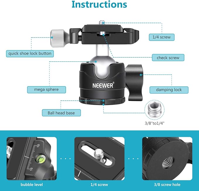 NEEWER 28mm Low Profile Tripod Ball Joint 360° Pan Rotation with 1/4" Arca Type Quick Release Plate and Spirit Level for Tripods, Monopods, Max Load: 6.6LB/5kg - Image 4
