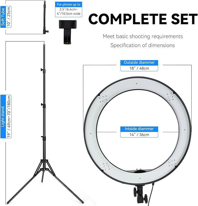 18-Inch Ring Light, 55W Dimmable 5500K Light with 240 LEDs Color Filter, Soft Tube and Carrying Bag for YouTube, TikTok, Selfies and Photography, Compatible with Camera and Smartphones - Image 2