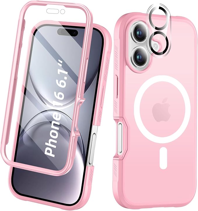 Magnetic for iPhone 16 Case Built-in Screen Protector, Pink | with Camera Lens Protector, [Compatible with MagSafe] Full Body Phone Case, Protective Cover for iPhone 16 6.1" by BANLEA