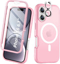 Magnetic for iPhone 16 Case Built-in Screen Protector, Pink | with Camera Lens Protector, [Compatible with MagSafe] Full Body Phone Case, Protective Cover for iPhone 16 6.1" by BANLEA