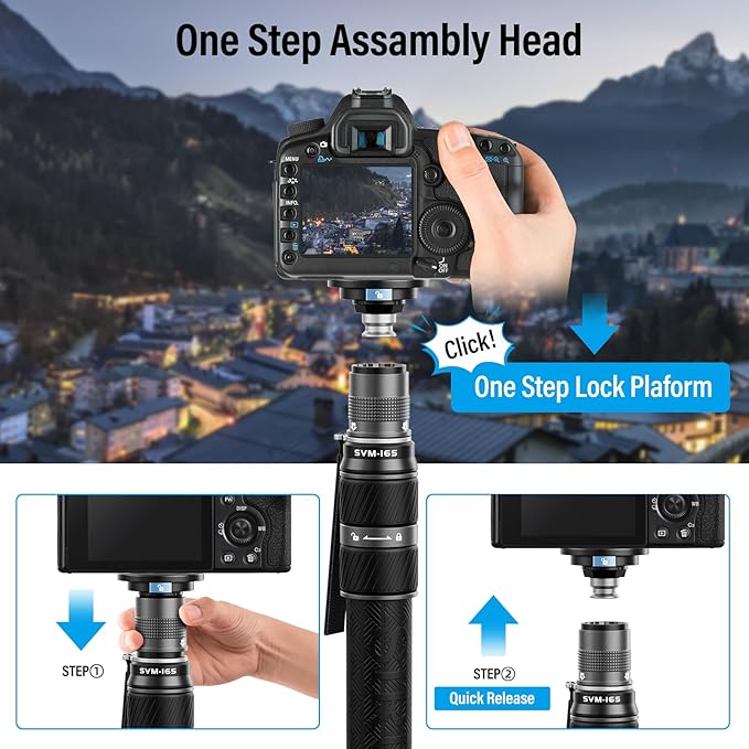 SIRUI SVM-165 Carbon Fiber Camera Monopod with Feet, 68.7" Professional Lightweight Travel Monopod with Fluid Video Head for DSLR Camera, One-Step Height Adjustment, Modular, Max Load 22lbs - Image 3