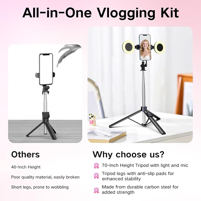 Content Creator Vlogging Kit,70inch Selfie Stick Tripod with Light and Wireless Microphones,Content Creator Essentials for iPhone/Android,Phone Tripod for Tiktok &YouTube Starter Kit - Image 7